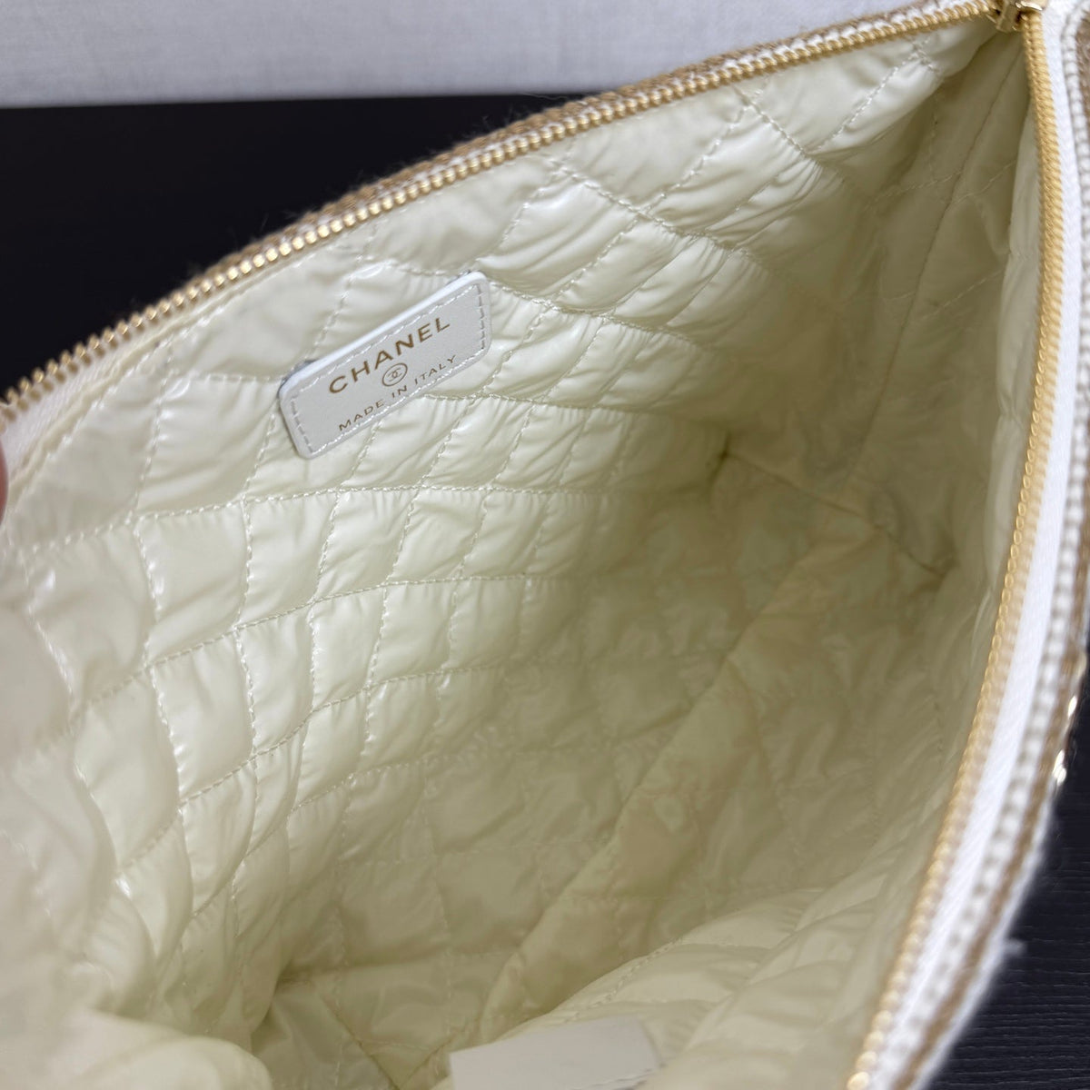 Chanel 26 Woven Clutch 19 White Khaki Canvas