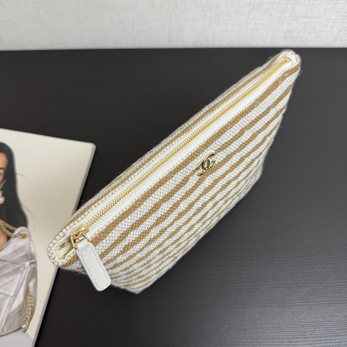 Chanel 26 Woven Clutch 19 White Khaki Canvas