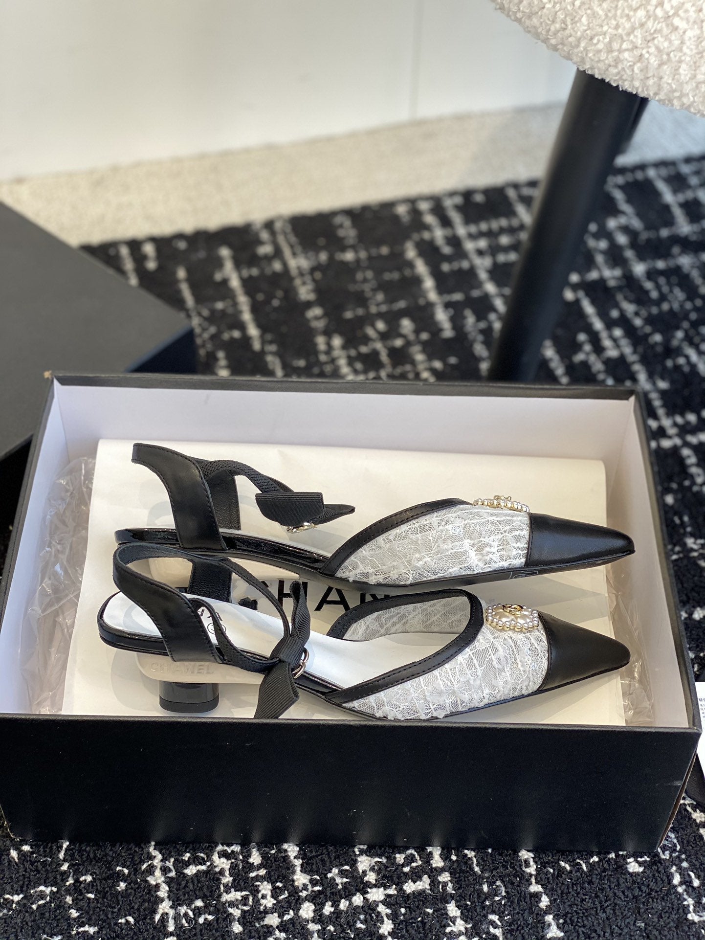 slingbacks 45 white tweed black lambskin