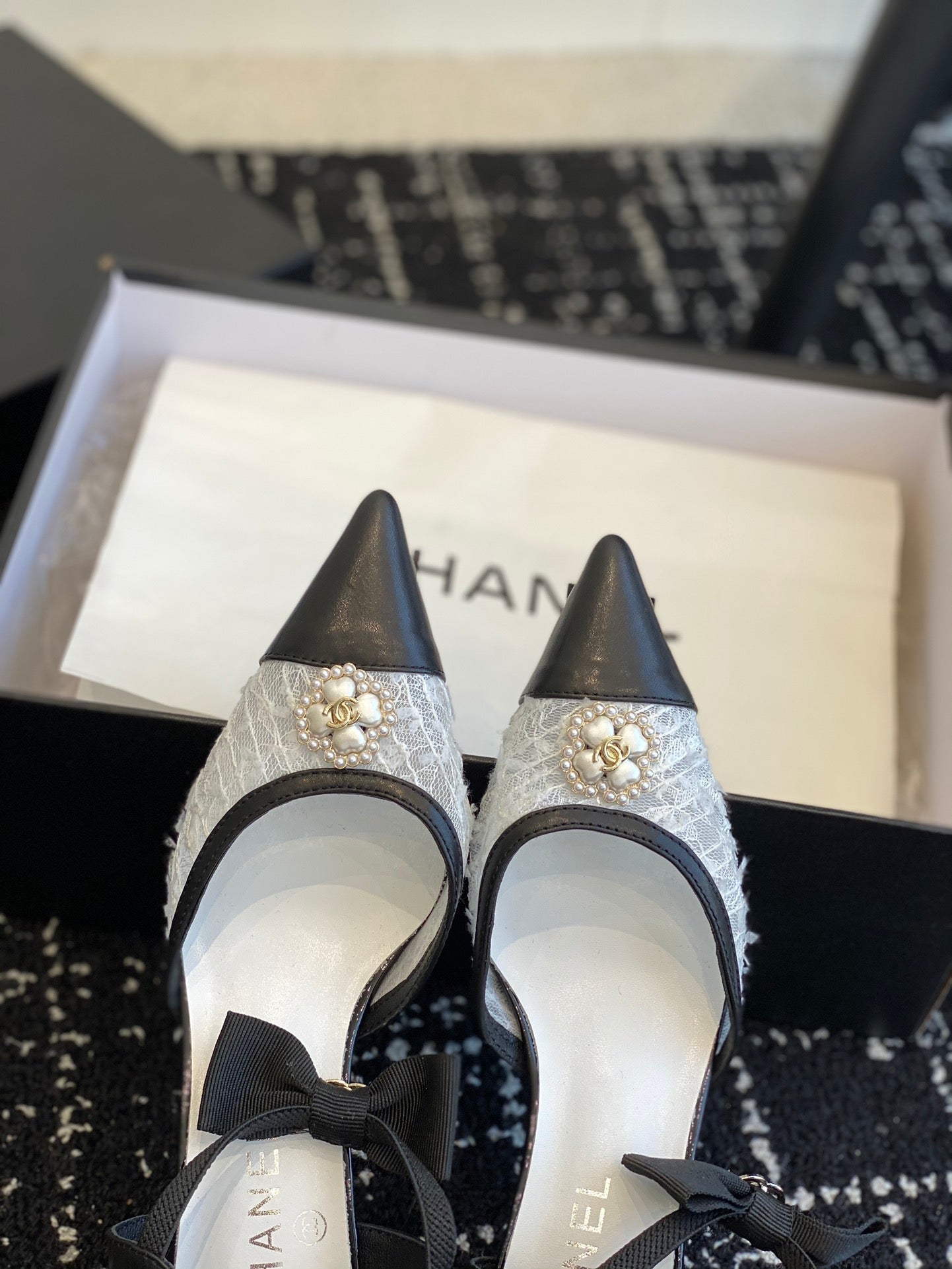 slingbacks 45 white tweed black lambskin