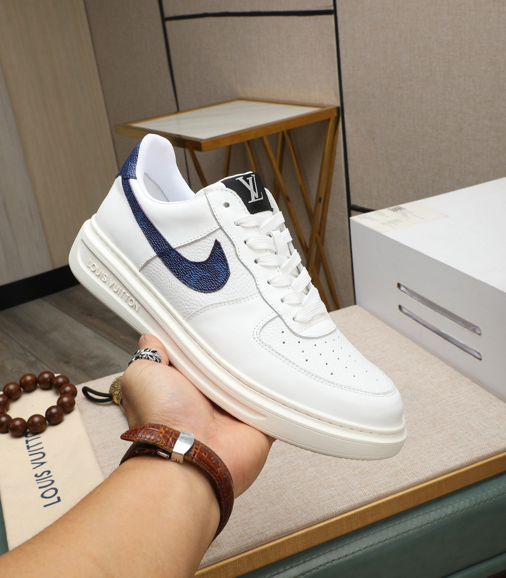 LV AIR FORCE 1 GLOSSY WHITE CALFSKIN WITH BLUE MONOGRAM LOGO