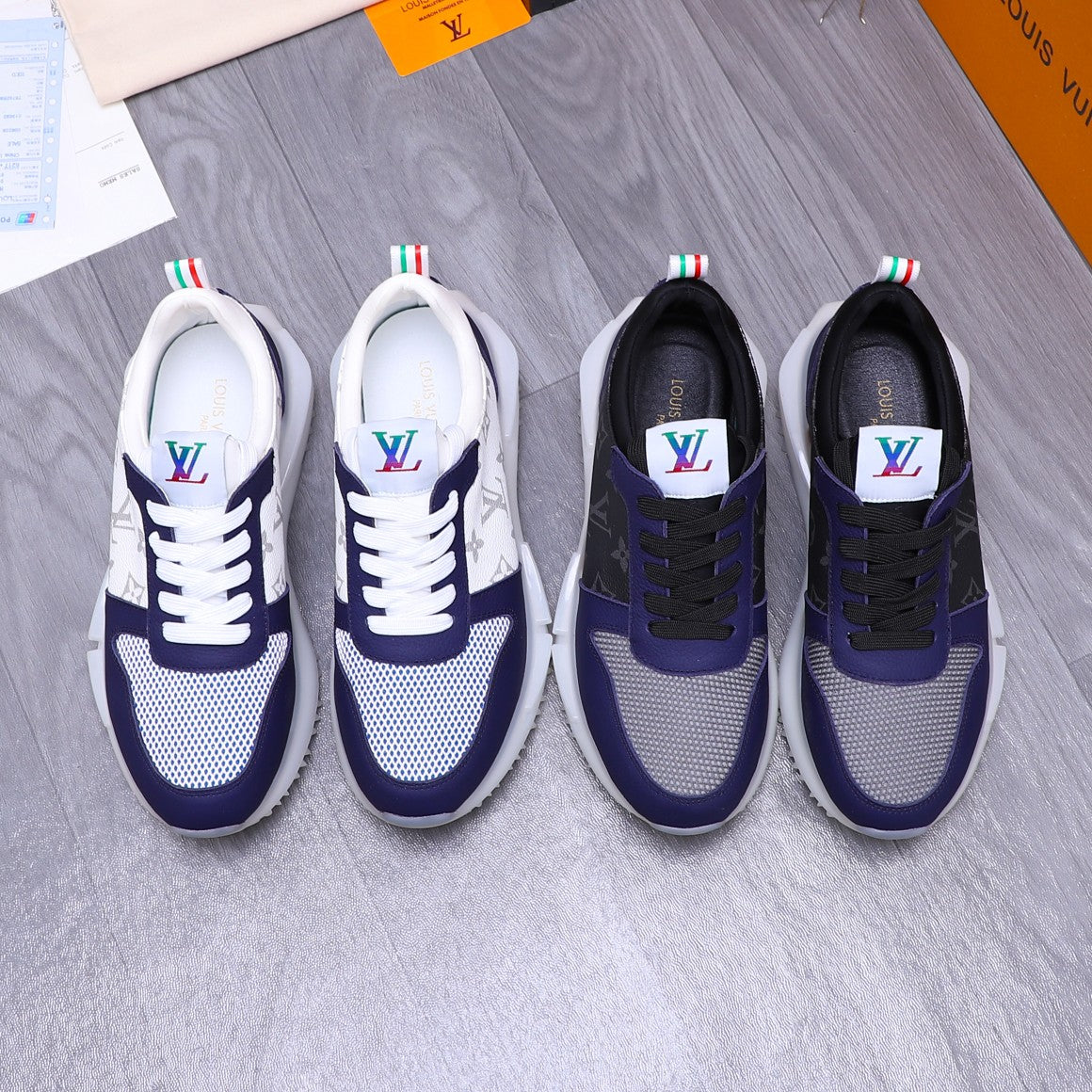 LV SNEAKER BLACK MIX NAVY BLUE CALFSKIN AND GREY MESH BREATHABLE