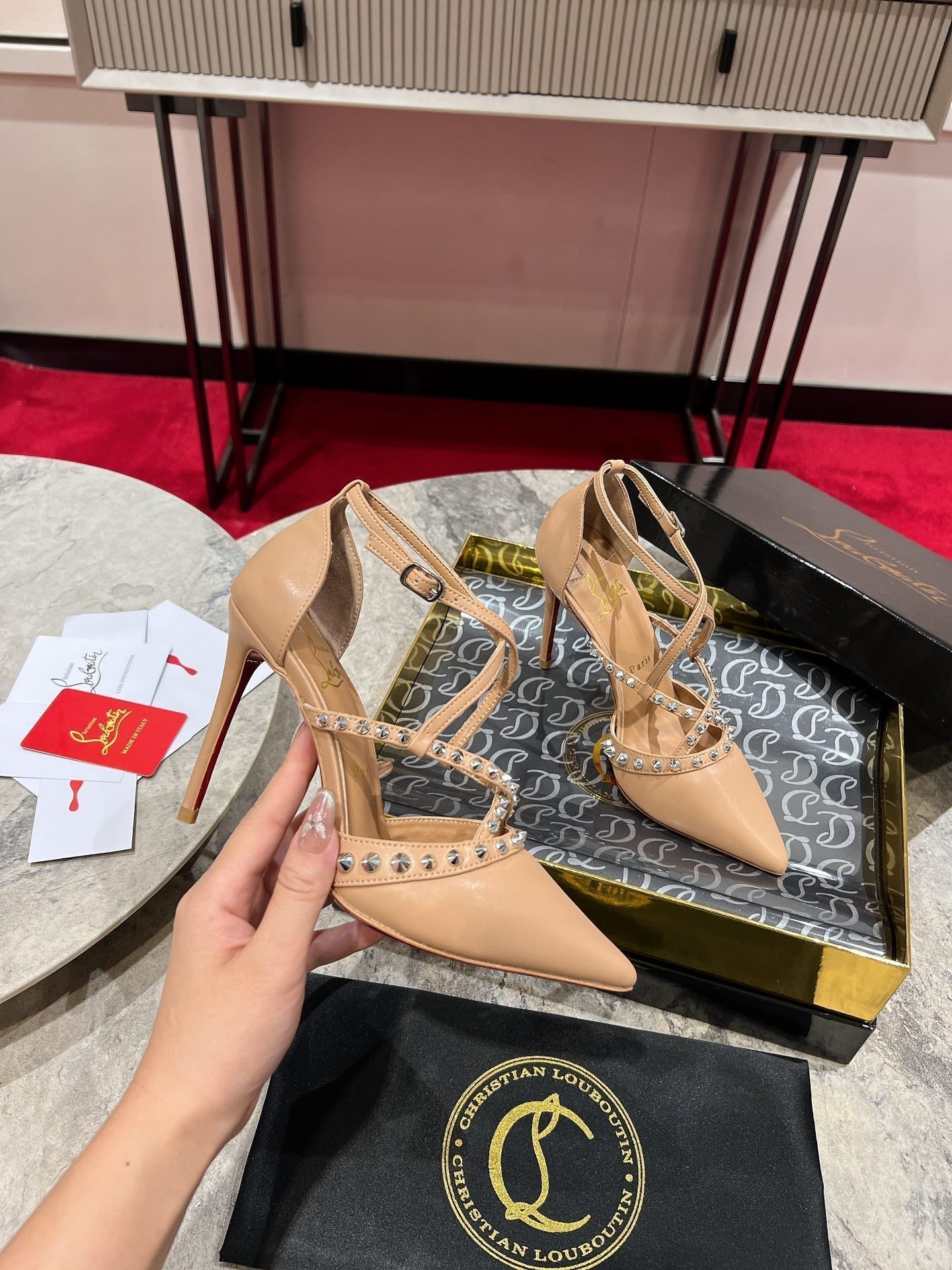 CL Tatooshka Spikes Pump 100mm Nappa Leather Nude