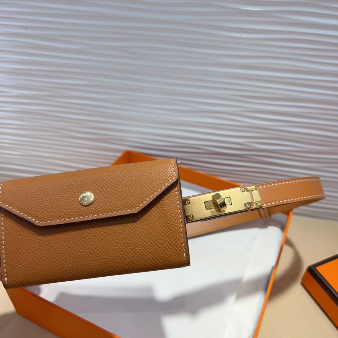 HM KELLY POCKET 18MM BELT CINNAMON BROWN LEATHER GOLD HARDWARE