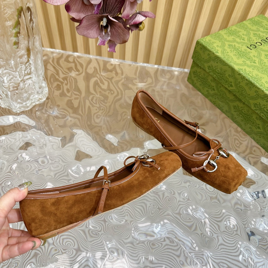 Ballet Flat In Bronze Brown Suede With Silver Hardware