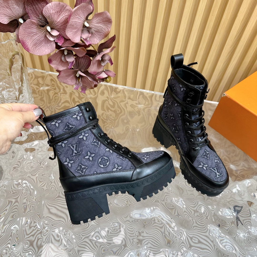 LV Laureate Platform Desert Boot 70mm Blue Black Monogram Jacquard Fabric