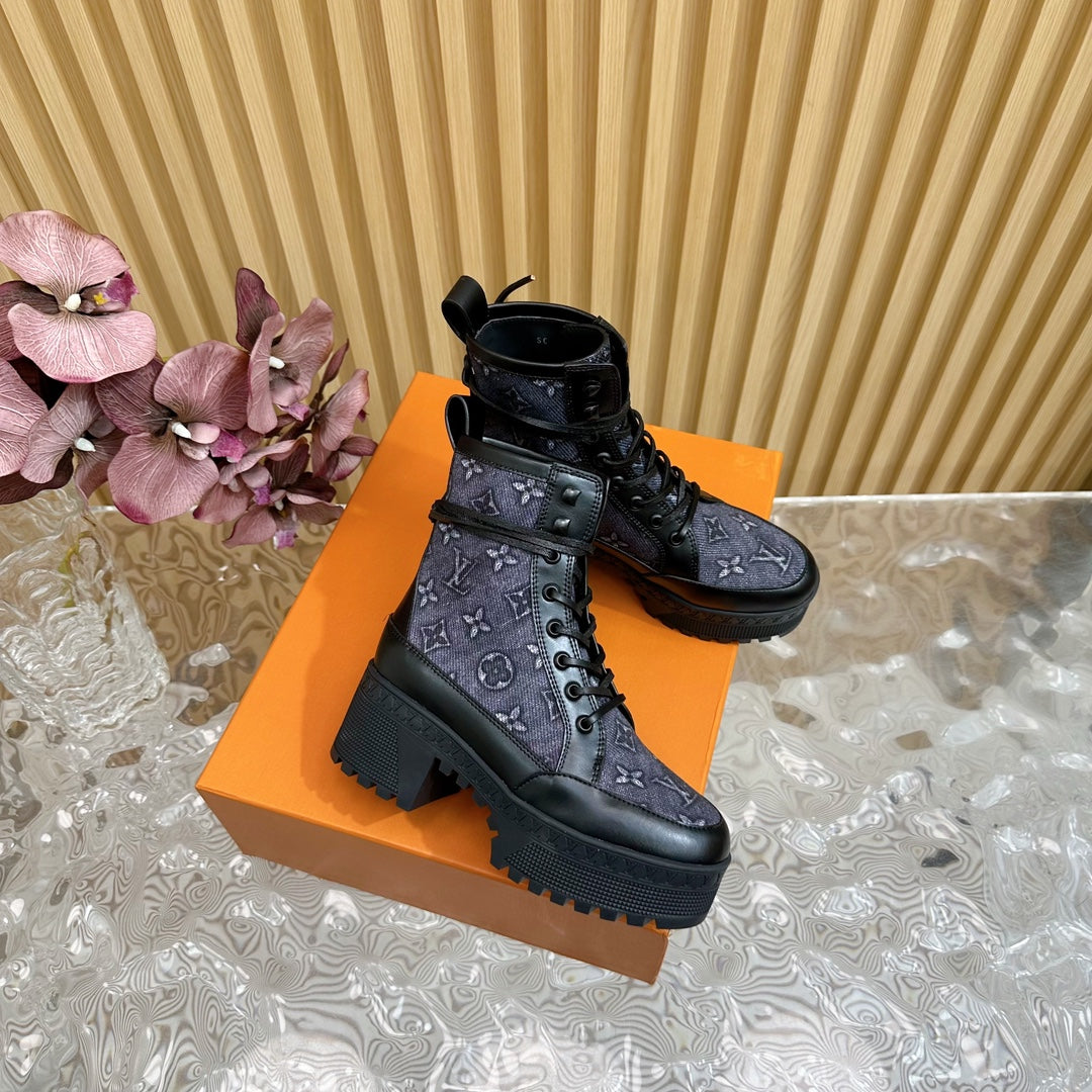 LV Laureate Platform Desert Boot 70mm Blue Black Monogram Jacquard Fabric