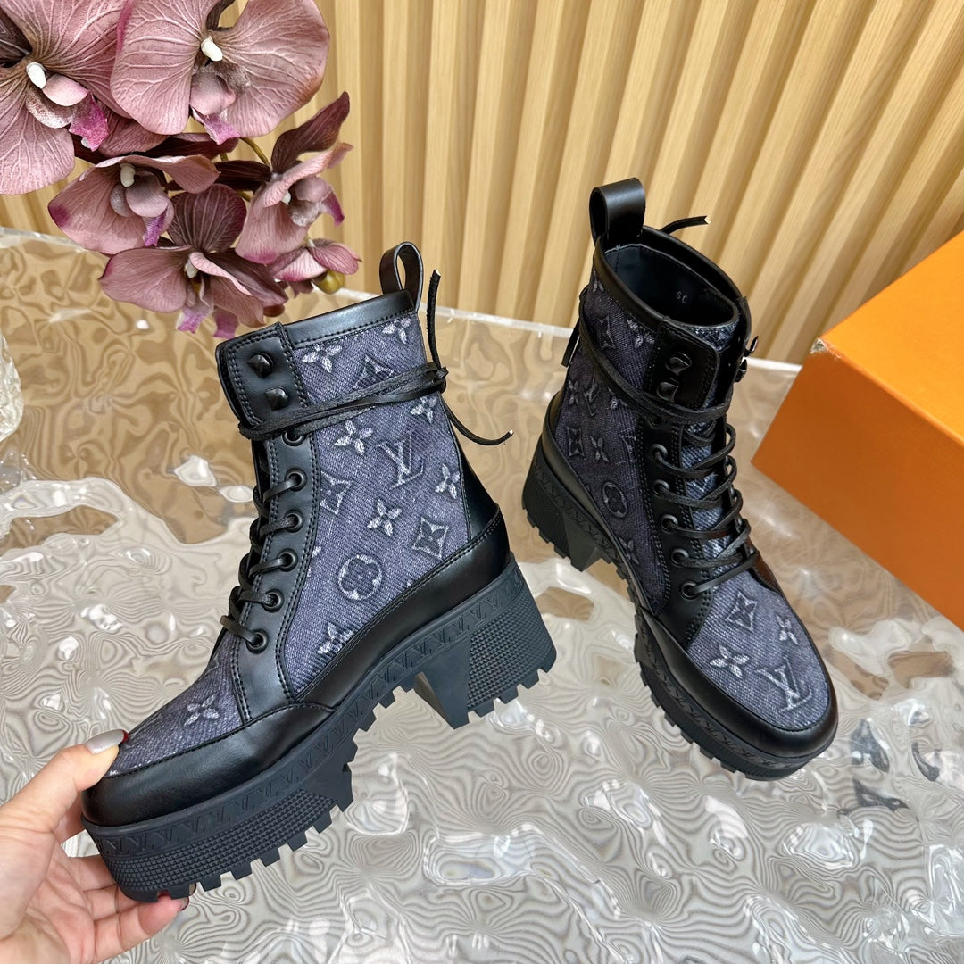 LV Laureate Platform Desert Boot 70mm Blue Black Monogram Jacquard Fabric