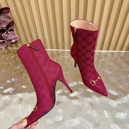 Gucci 2025 Thick-heeled Square-toed Ankle Boots Red Gold Sheepskin Fabric 498066
