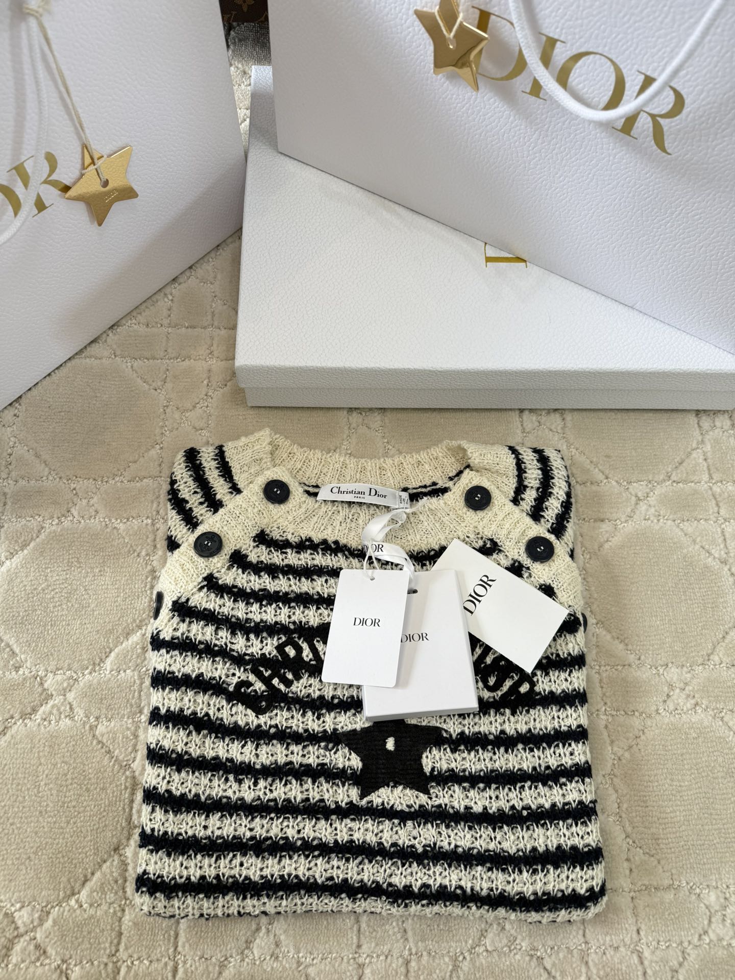 CD 2025 Striped Knitted Short Sleeves Beige mix Black Cotton