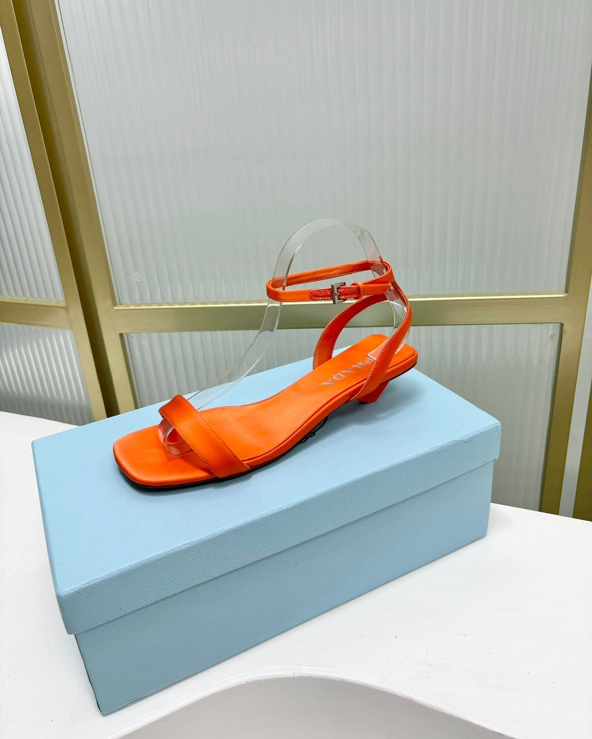 PRA TRIANGLE HEEL SATIN SANDALS BRIGHT ORANGE