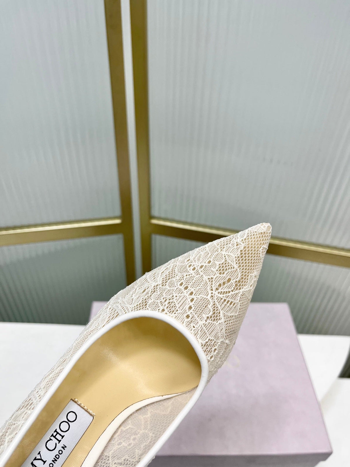 Jimmy 26s  Heel Pump 85 Ivory Beige Lace Sheepskin 605950