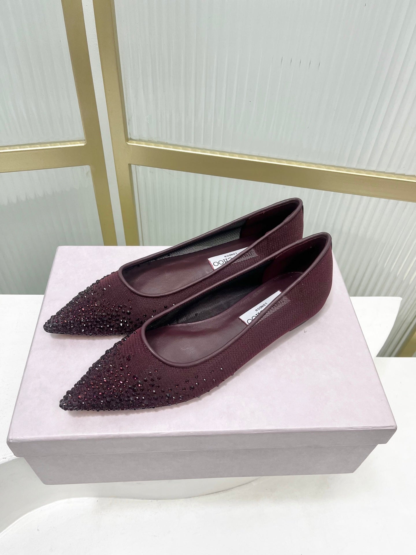 Jimmy 26s Ballet Flats Burgundy Rhinestones Mesh Sheepskin 605980
