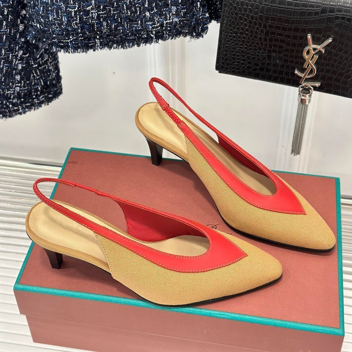 LP Rebecca Slingbacks In Mustard Brown Mix Red Cotton Fabric And Lambskin 989419
