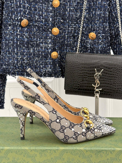GG Horsebit Slingback 85MM Beige Black Monogram Canvas Point Toe Crystal-Embellished