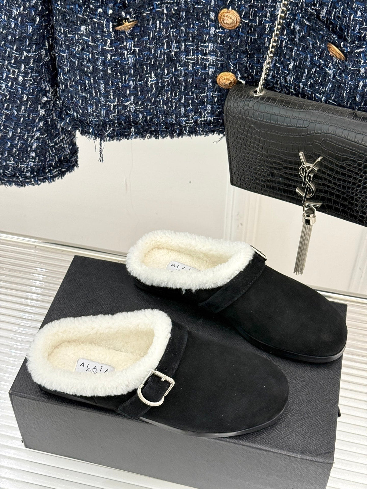 Alaia 25WF slippers belt buckle black suede wool 472226