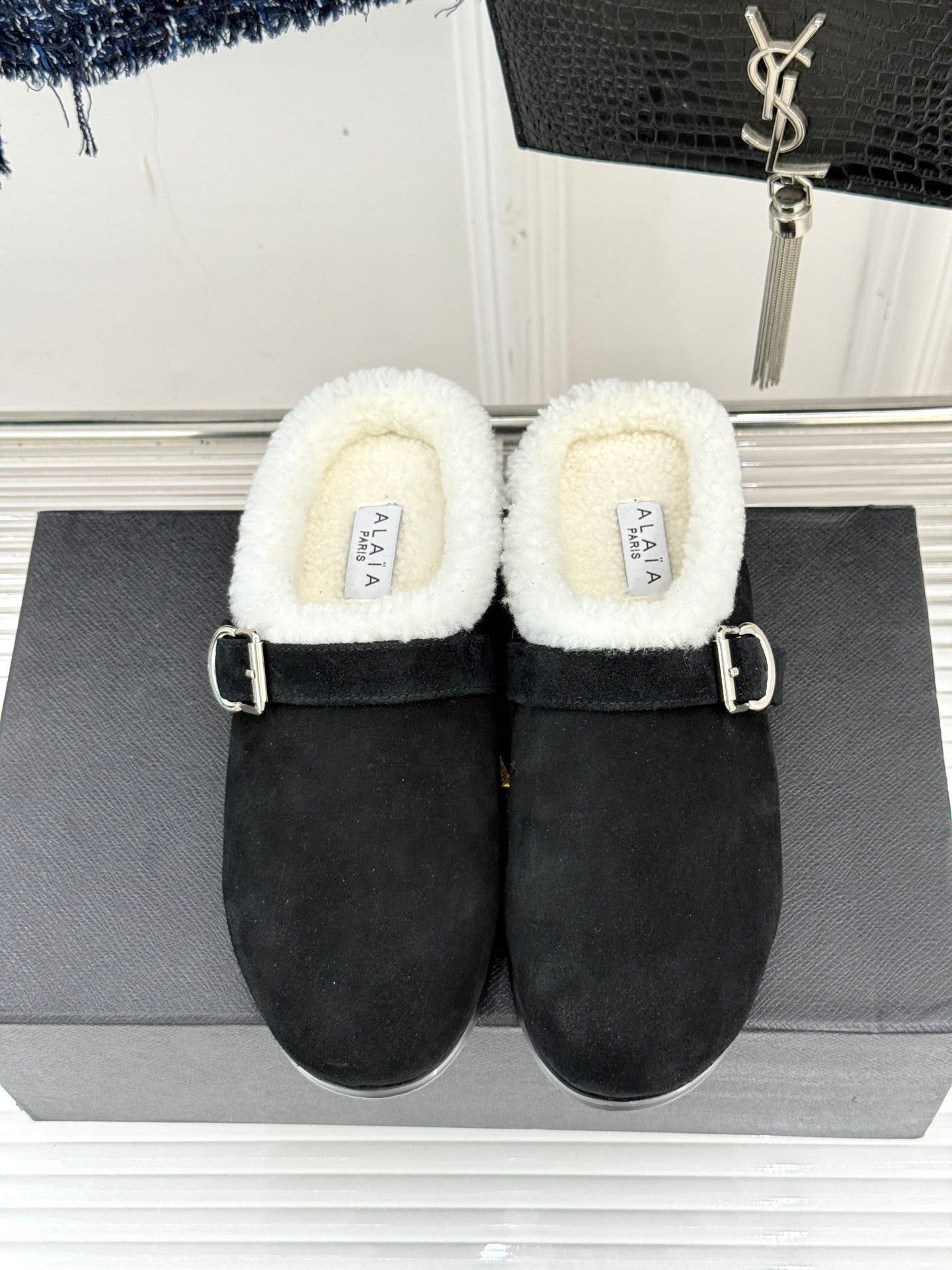 Alaia 25WF slippers belt buckle black suede wool 472226
