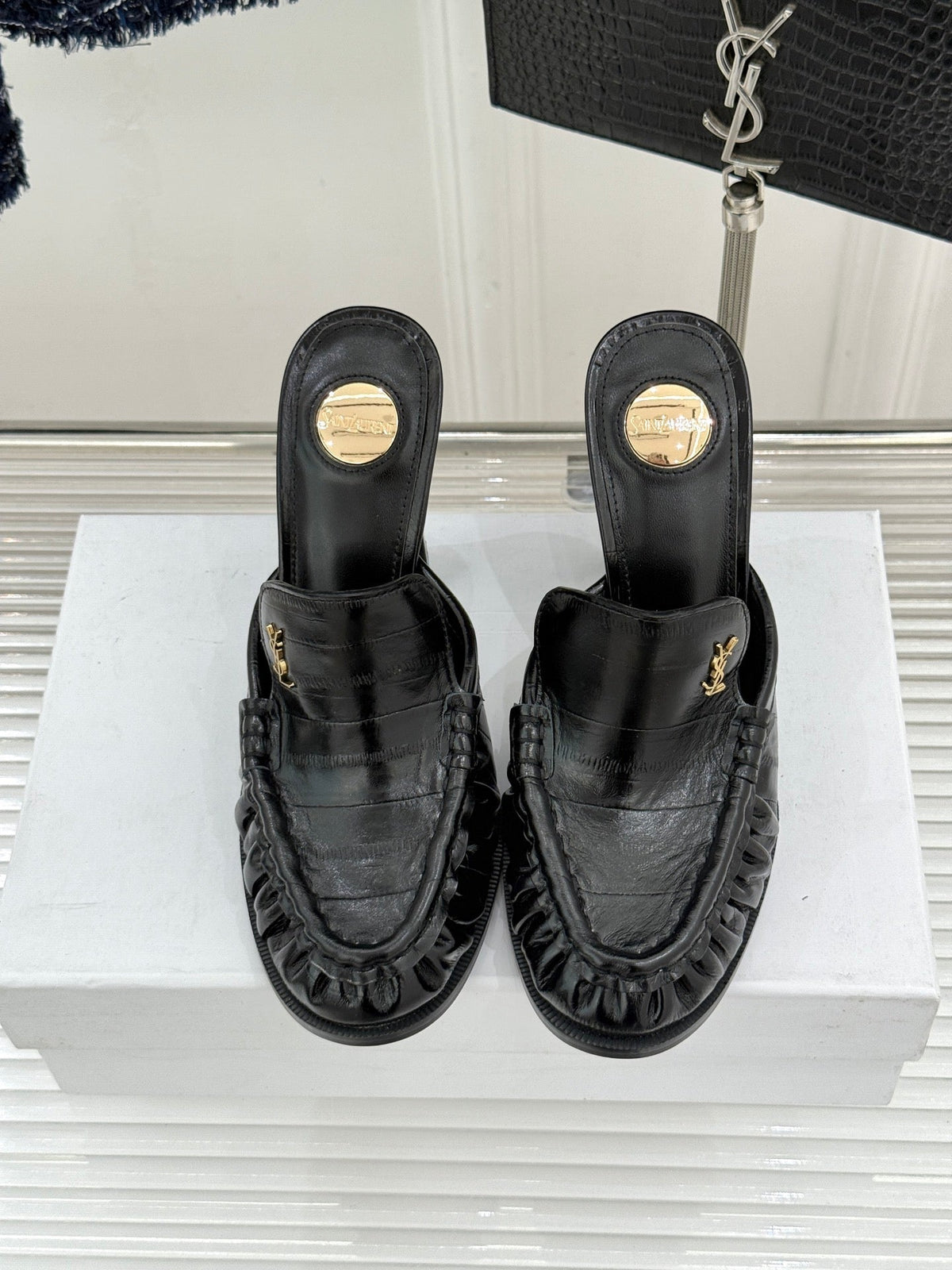 YSL 26ss High Heeled Open Back 105 Sandals Sheepskin