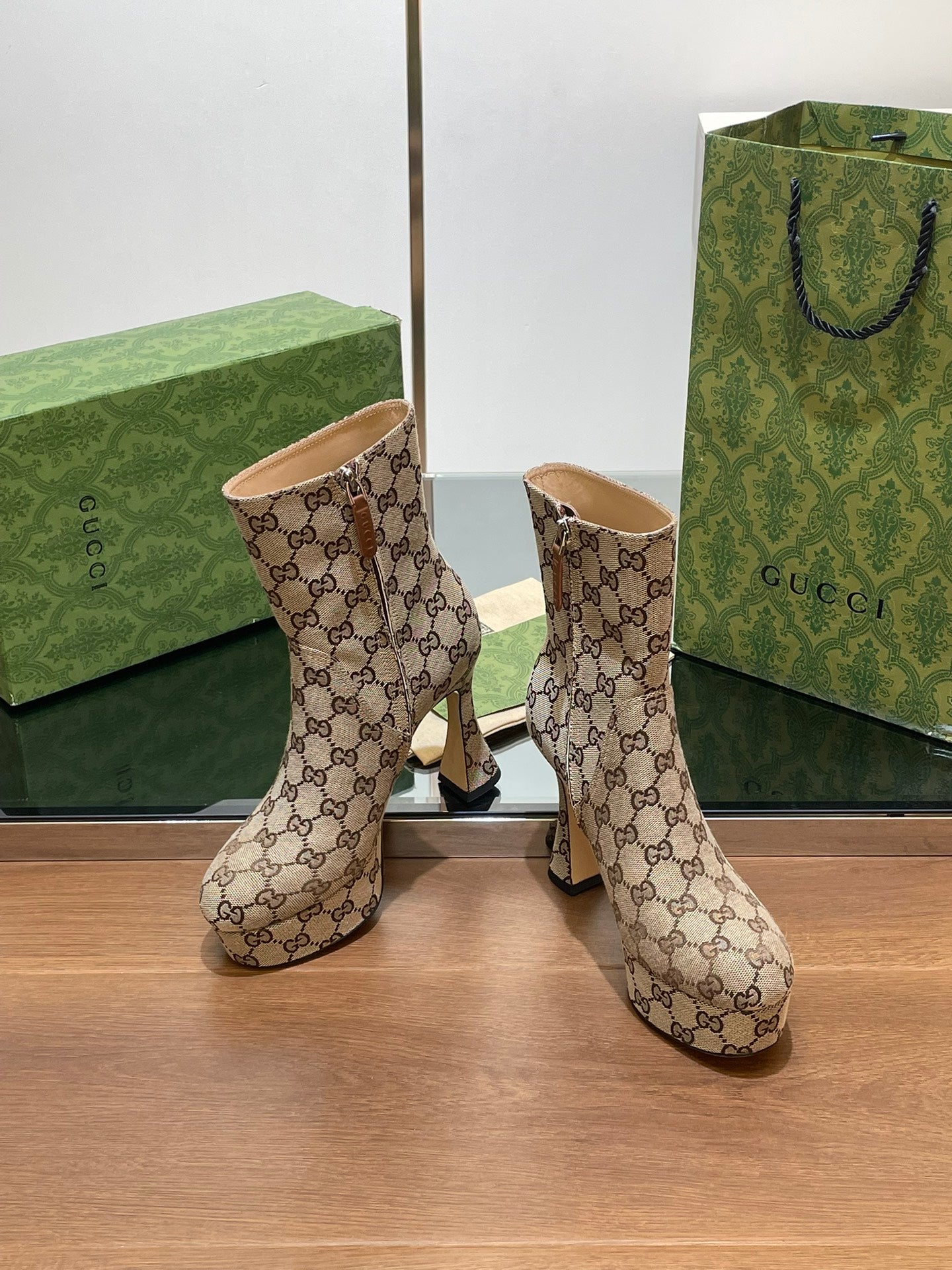 GG SHORT BOOTS 11.5 CM IN CAMEL BROWN MONOGRAM JACQUARD FABRIC