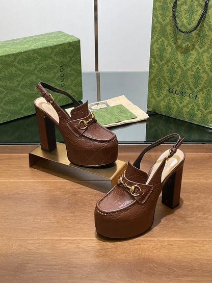 GG WOMEN'S HORSEBIT PLATFORM SLINGBACK IN DARK BROWN EMBOSSED CALFSKIN