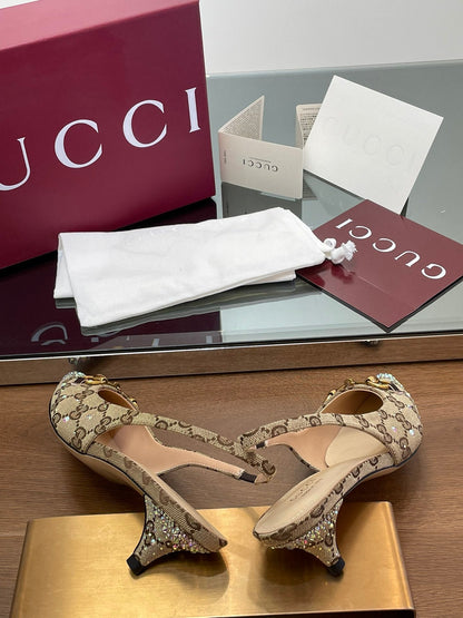 GG Horsebit Slingback 45MM Beige Ebony Monogram Canvas Point Toe Crystal-Embellished