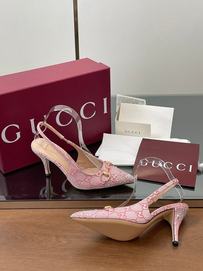 GG Horsebit Slingback 75mm Pink Ebony Monogram Canvas Point Toe Crystal-Embellished