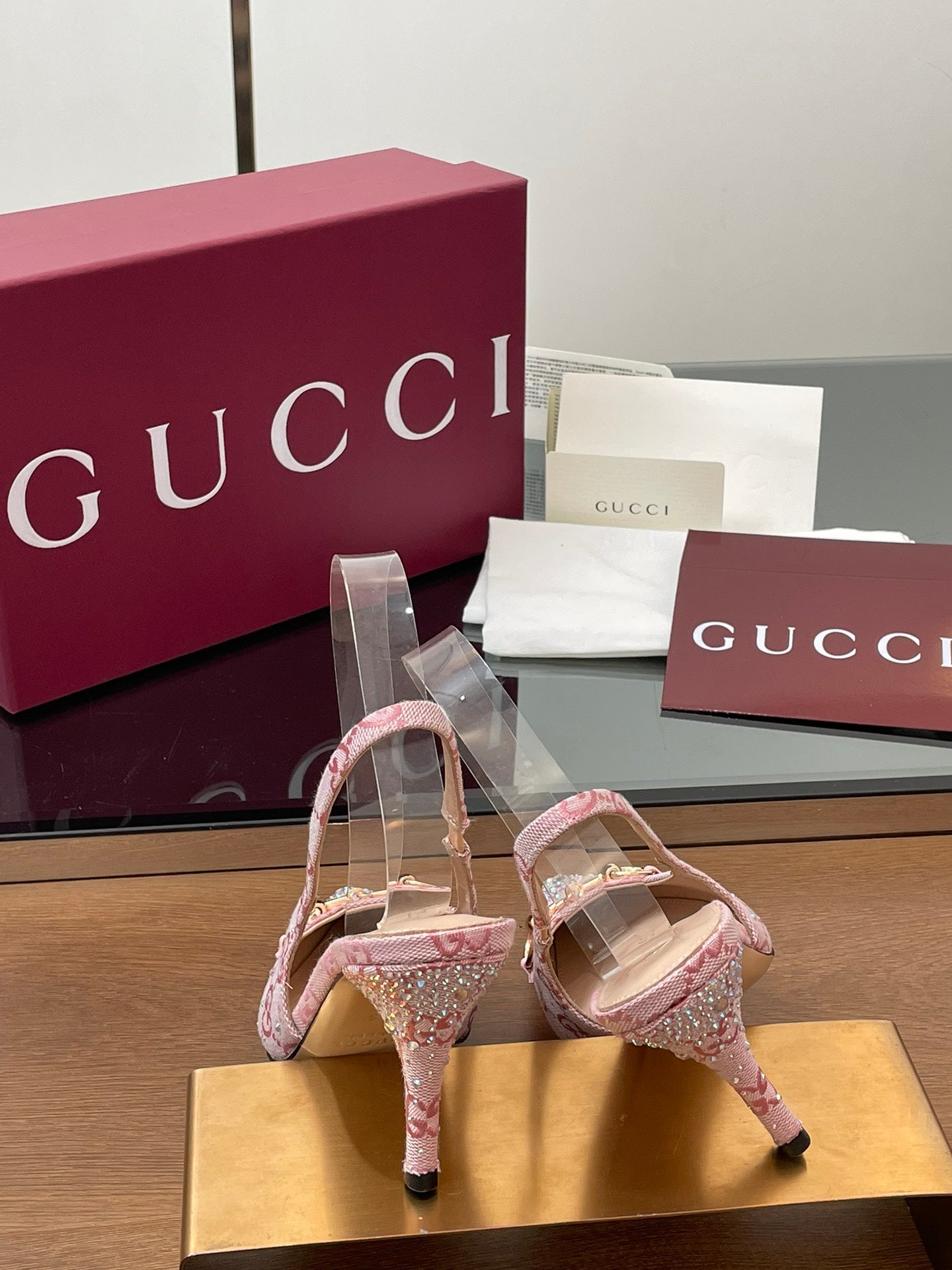 GG Horsebit Slingback 75mm Pink Ebony Monogram Canvas Point Toe Crystal-Embellished