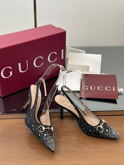 GG Horsebit Slingback 45MM Black Ebony Monogram Canvas Point Toe Crystal-Embellished