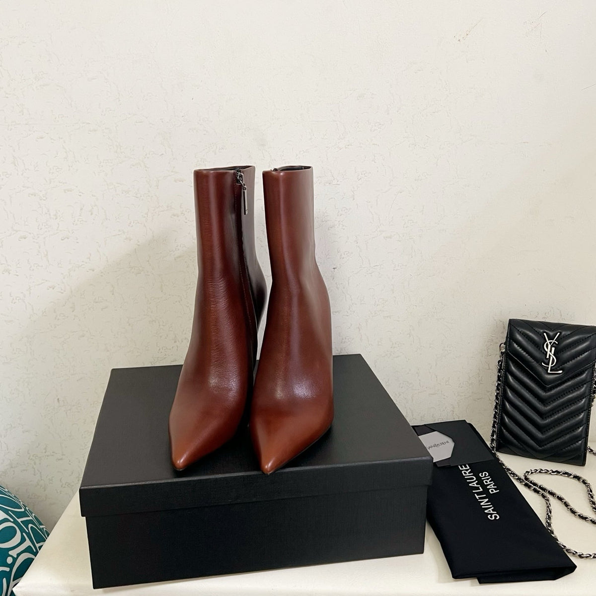 YSL 2025 Logo Metal Heel Ankle Boot Brown Cowhide 575004