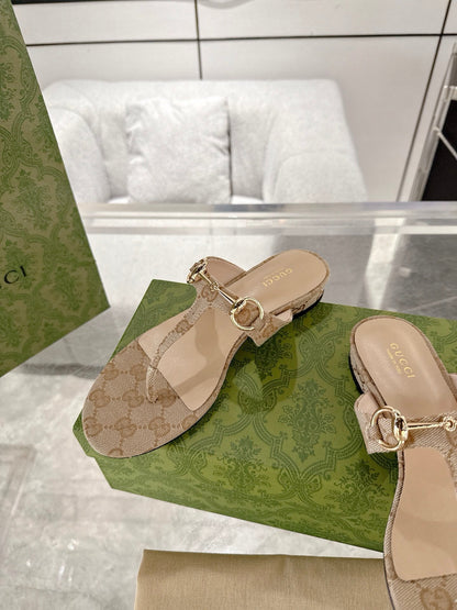 GC Horsebit Thong Sandals Beige Canvas Leather 292475