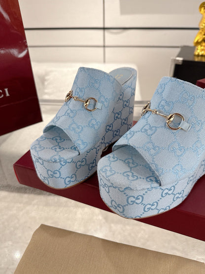 GC Wedge With Horsebit Sandal Light Blue Canvas 292421
