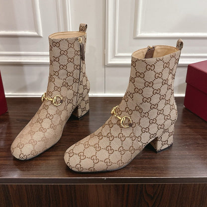 Gucci Horsebit Chunky Heel Ankle Boots Brown Beige Cowhide Fabric 490559