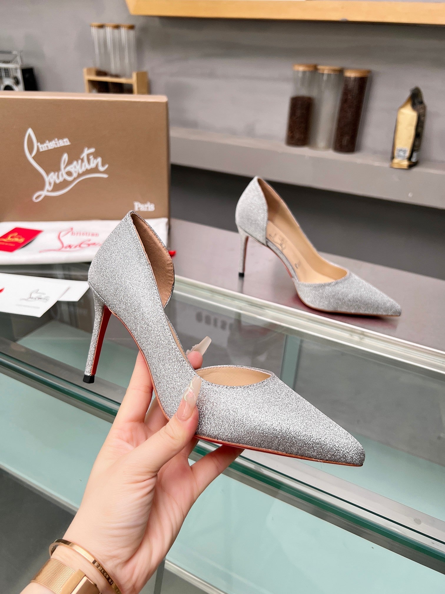 Cl Iriza 85mm Pumps Glittered Calf Leather Silver