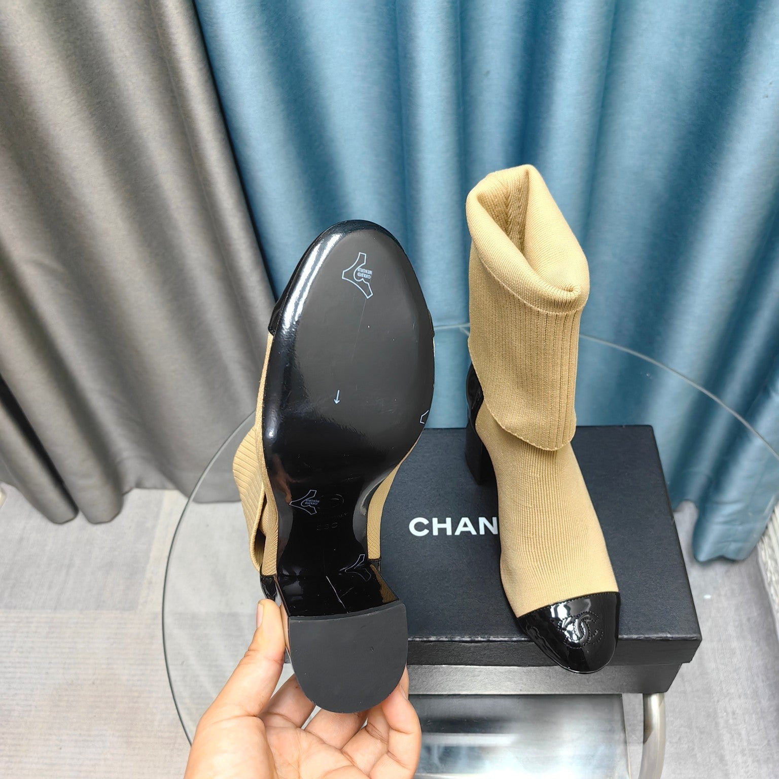 CC Short Boots 80mm Beige Wool Fabric And Lambskin