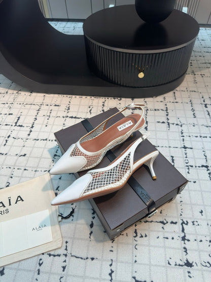 ALAIA SLINGBACKS 5 CM IN WHITE CALFSKIN WITH MESH