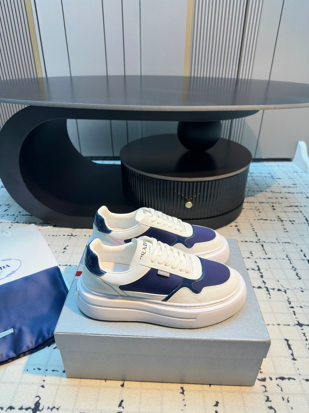 Prada 25s  Platform Sneakers White Blue Cowhide 538420