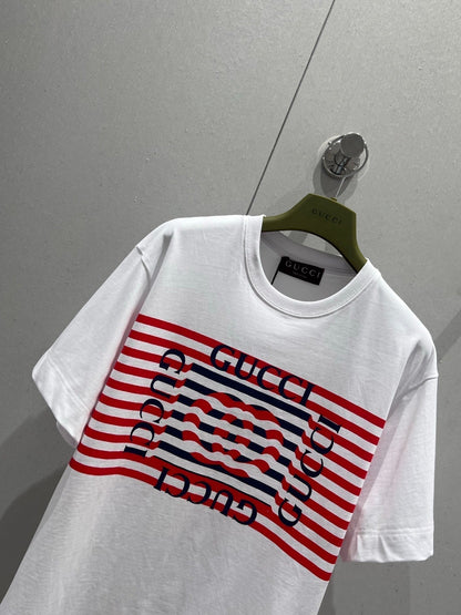 Gucci 25 Striped Logo Print Short-sleeved T-shirt White Red Cotton