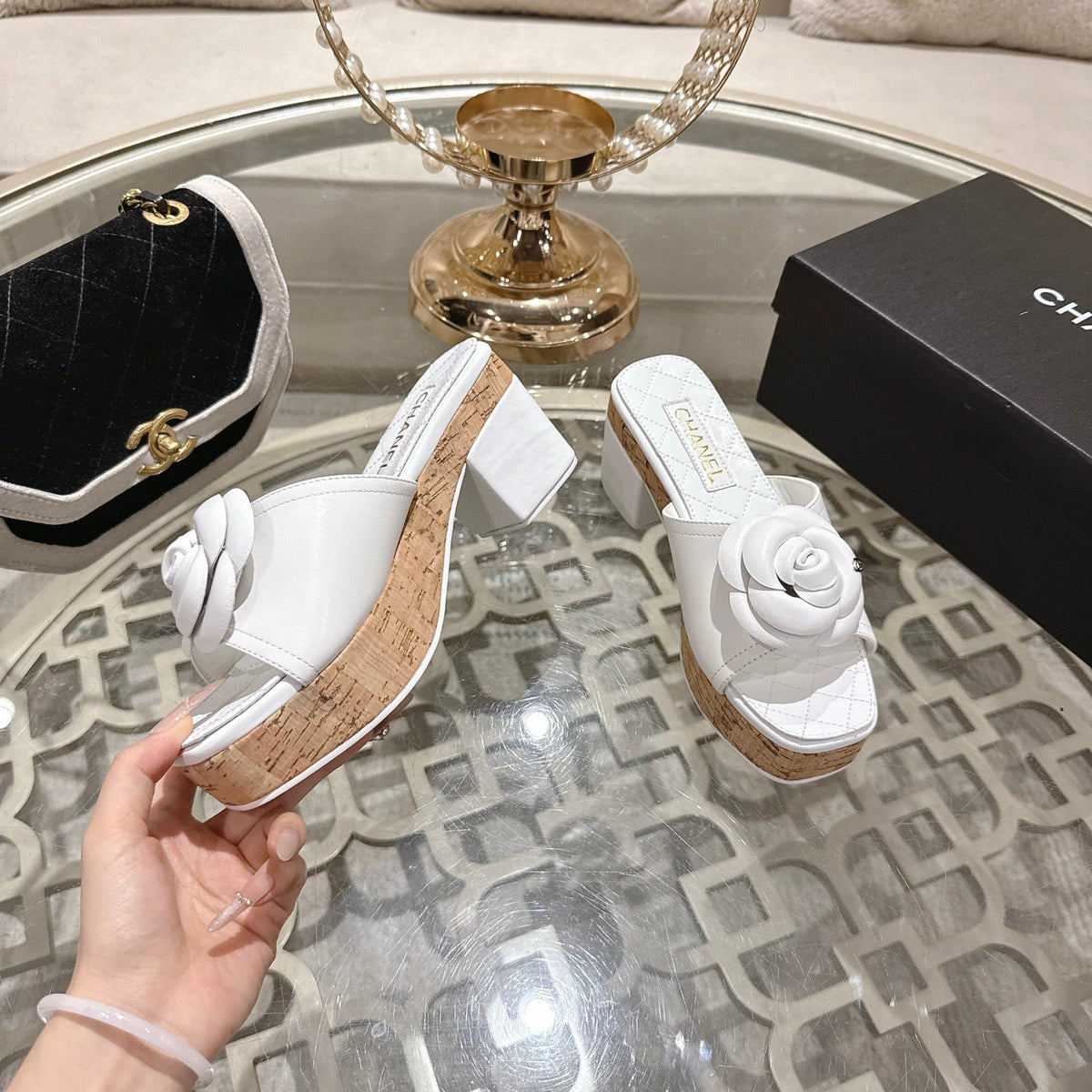 CC 26s Camellia Platform Slippers 65 White Lambskin 627047