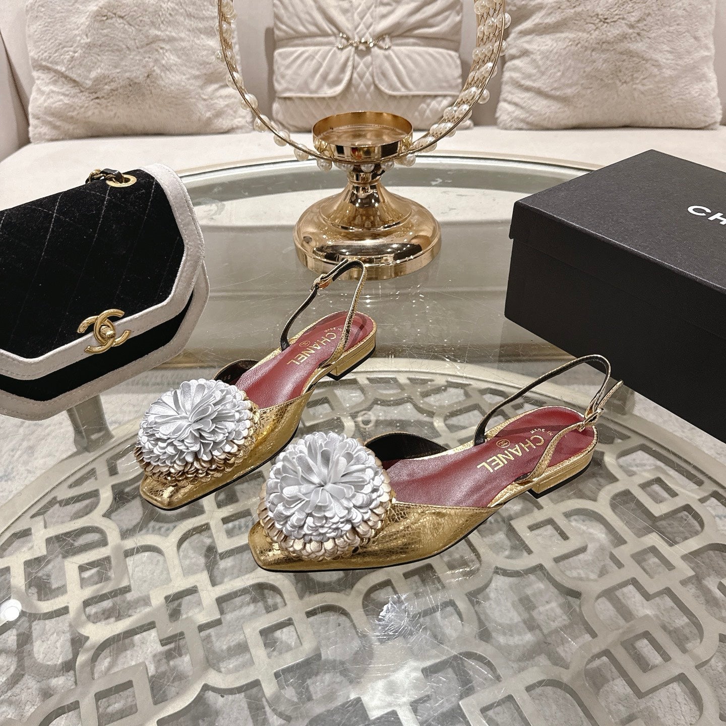 CC 26s Floral Backless Sandals Gold Sliver Sheepskin 627020