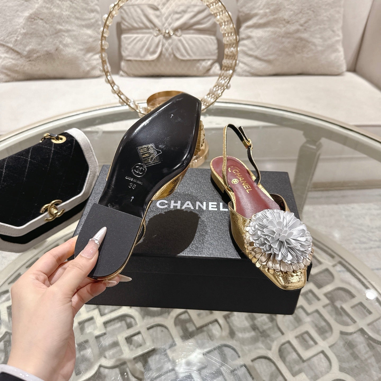 CC 26s Floral Backless Sandals Gold Sliver Sheepskin 627020