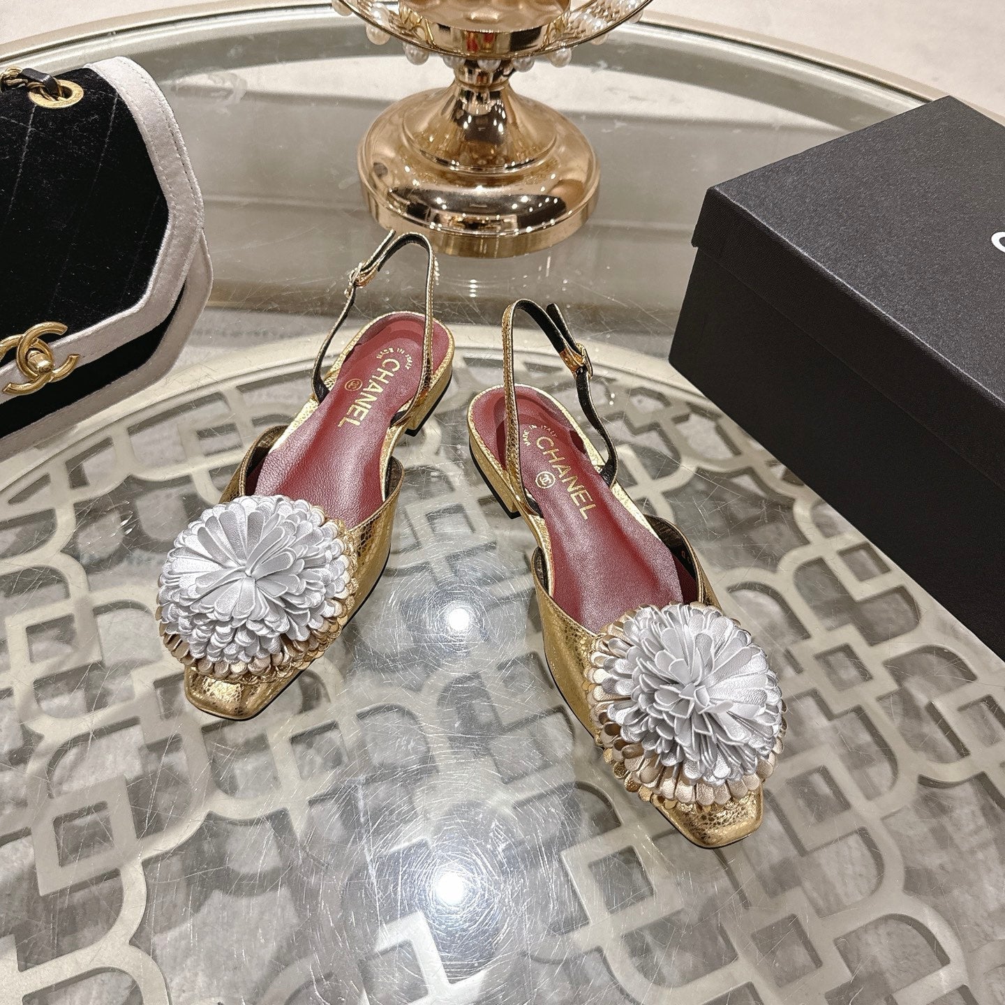 CC 26s Floral Backless Sandals Gold Sliver Sheepskin 627020
