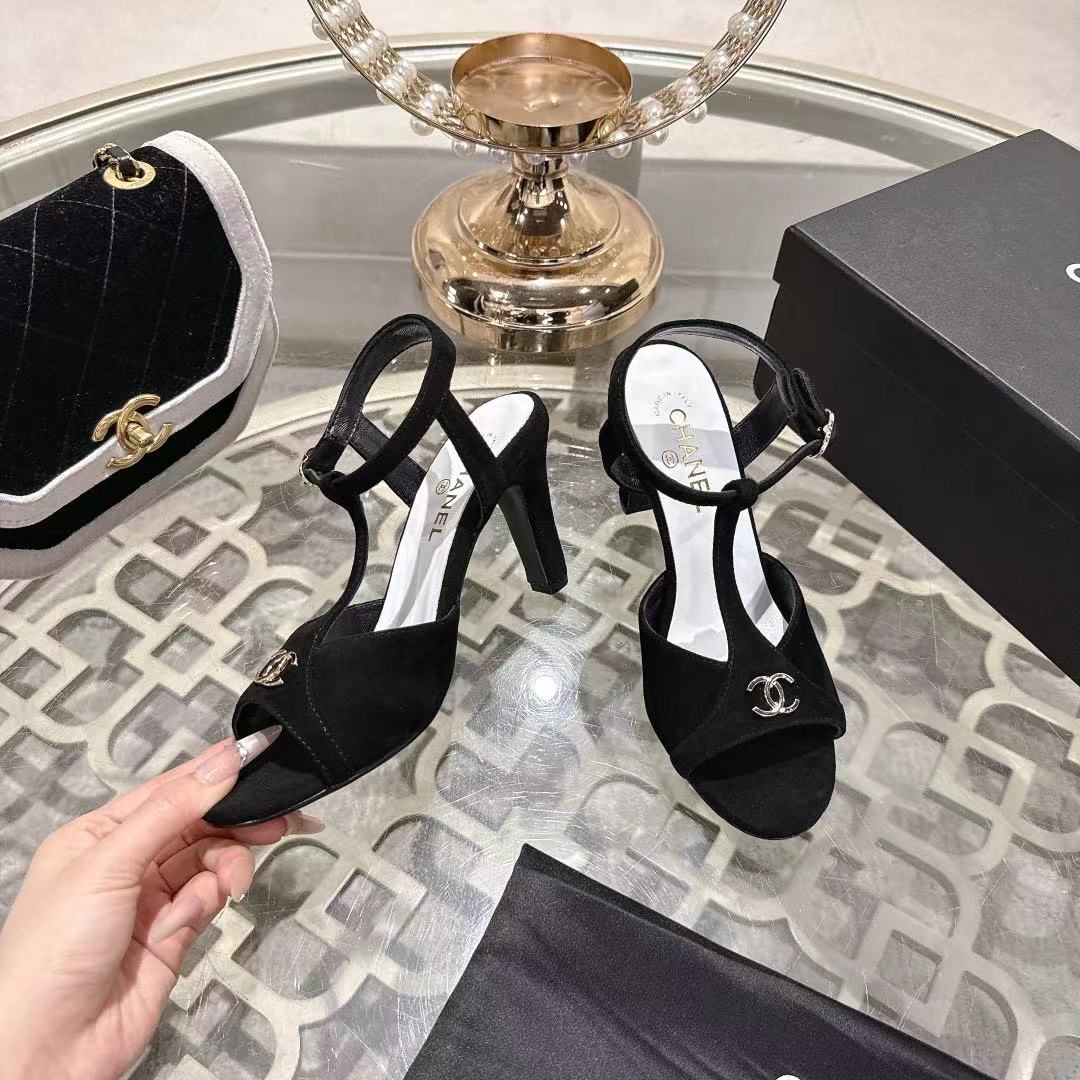 Chanel 2026 Double C Platform High-Heel Sandal Black Suede Leather 634215