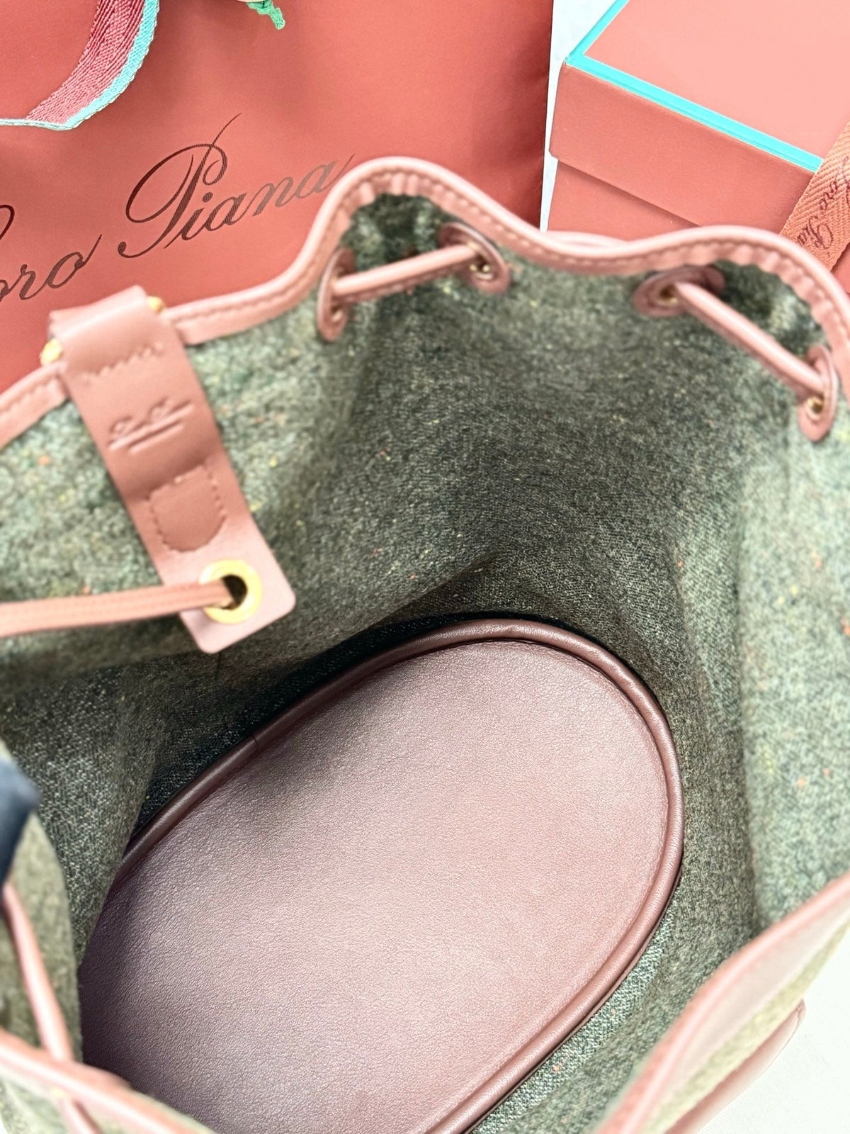 LP 2026 Extra Drawstring Backpack L27 Countryside Sage mix Burnt Tan Wool Leather