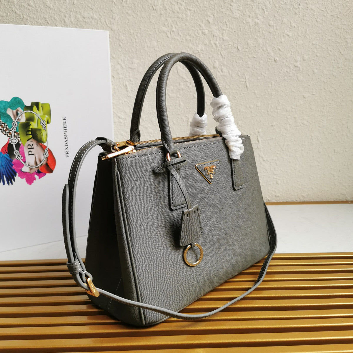 PRA GALLERIA 28 BAG IN DARK GREY SAFFIANO LEATHER