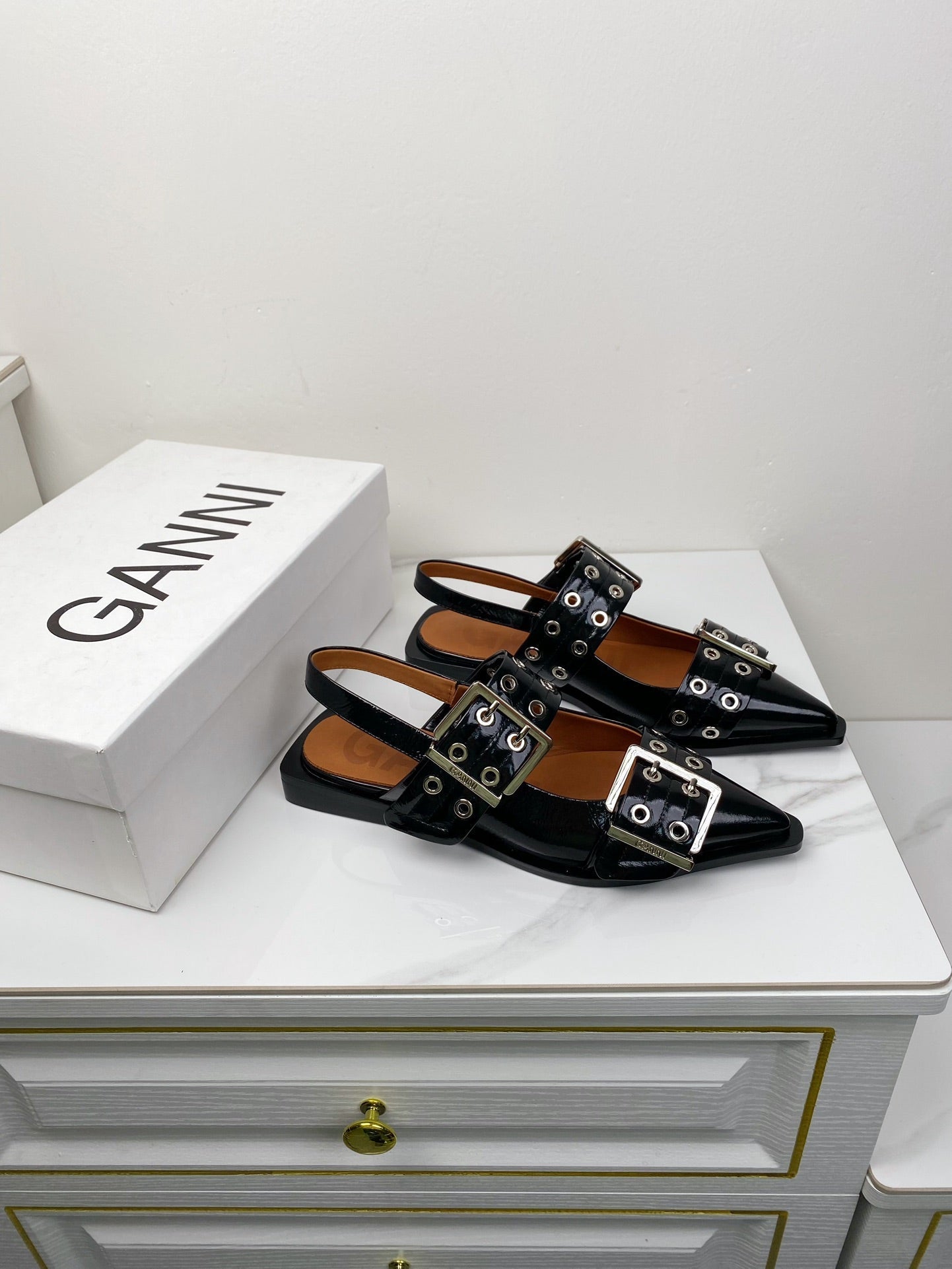 ganni black feminine buckle slingback flat