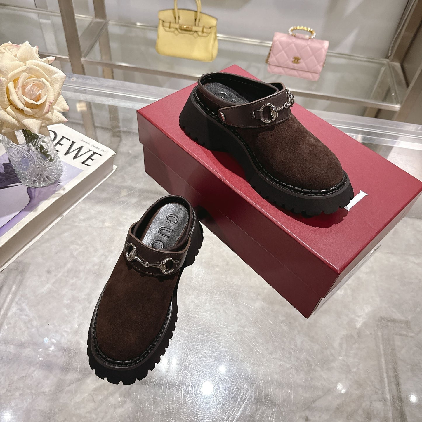 GG 2025 Horsebit Dark Brown mix Black Suede Sheepskin 416543