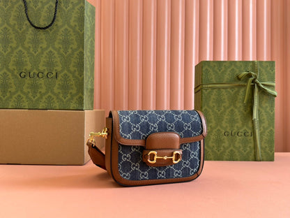 Gucci Horsebit Bag Blue mix Brown Leather Canvas 244253
