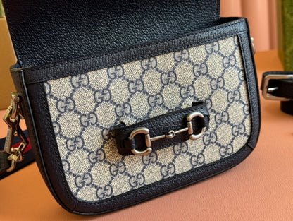 Gucci Horsebit Bag Ebony Blue Black  Leather Canvas 244258