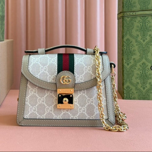 Gucci Ophidia 17.5cm Bag Beige White Canvas Leather 248488
