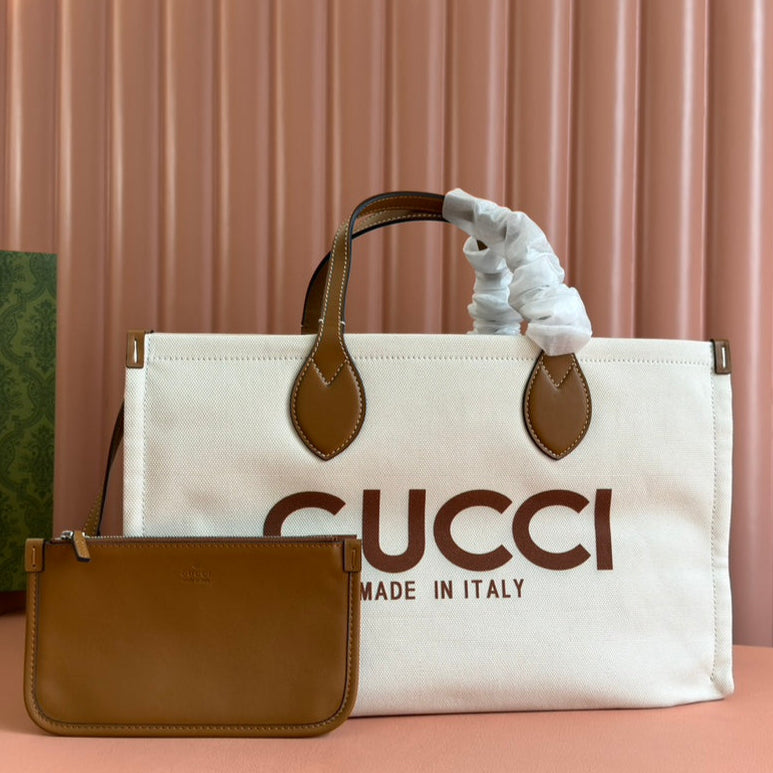 Gucci Medium Tote Bag Brown White Leather Canvas 248187